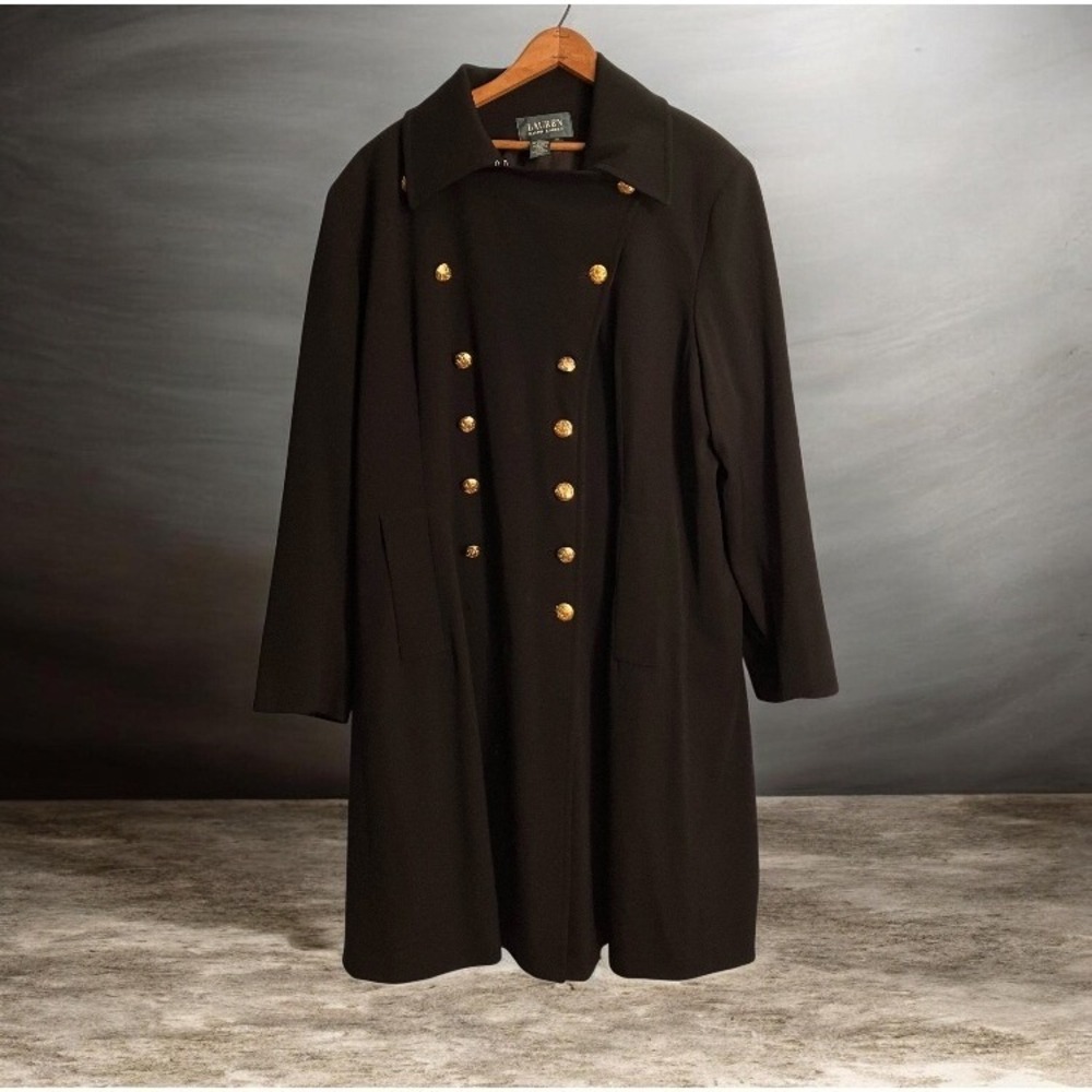 Vtg Ralph Lauren Women's 2X Plus Black Wool Blend Pea Coat Gold Crest Buttons
